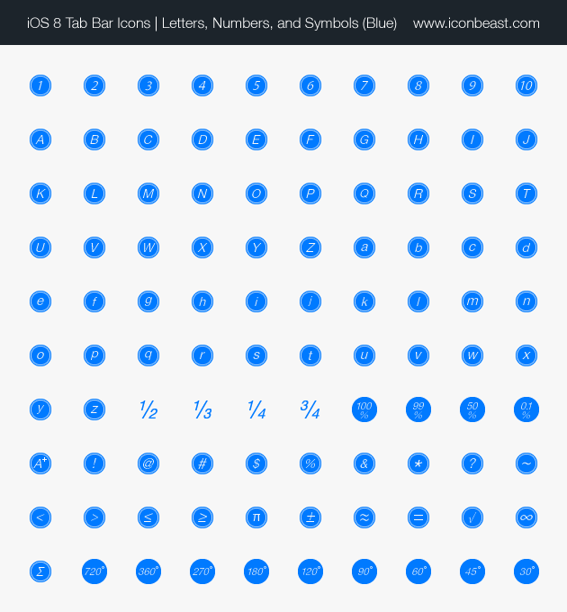 letters numbers symbols iOS tab bar icons blue